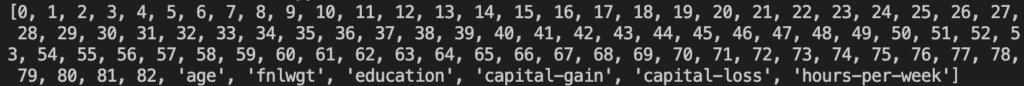 List of the column names showing that some are integers and some are string