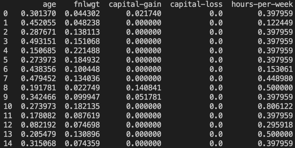 First 14 lines of the numeric columns of the dataset after applying numeric scaling