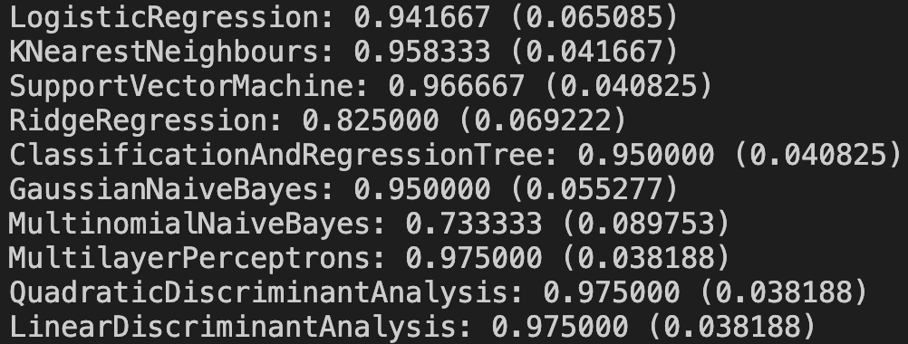 Printout of the mean accuracy and standard deviation of all our test models