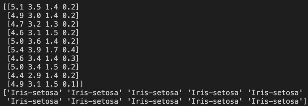 Printout of the target variable separated from the other values