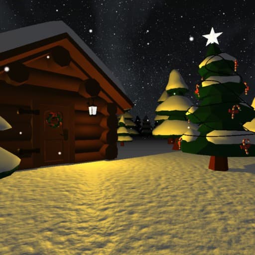 JavaScript video game scene of a snowy forest at night