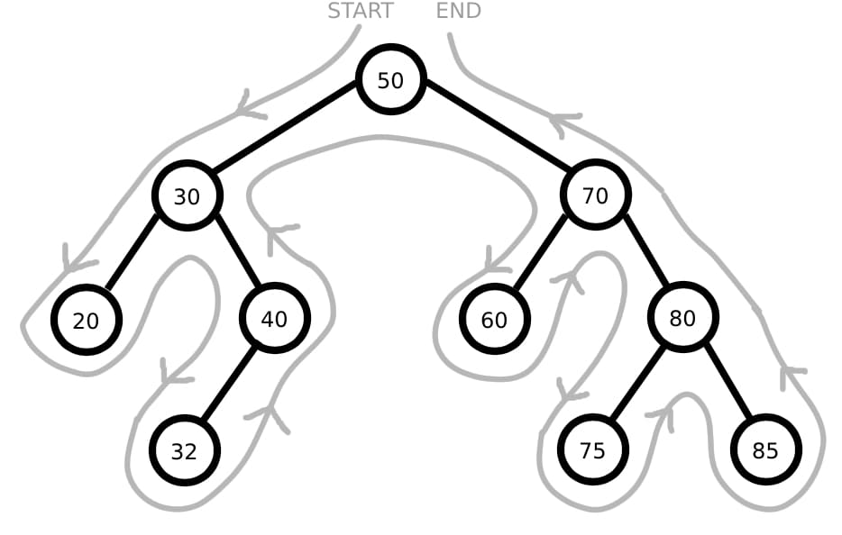 Binary tree with continuous grey line traversing past each node