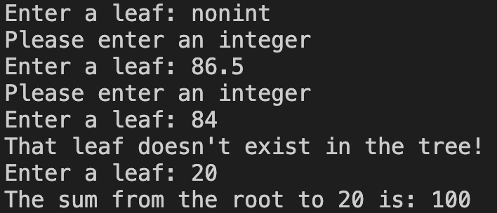 Demonstration of the error checking working as well as correctly summing root to leaf