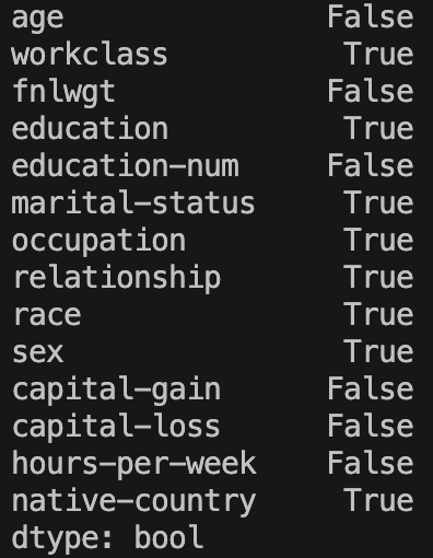 Boolean values for each column indicating whether or not the column is categorical