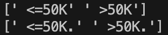 Two lists containing the two possible values of the target variable in the train and test dataset